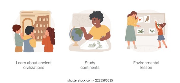 Social studies at elementary school isolated cartoon vector illustration set. Learn about ancient civilization, study continent, environmental lesson plan, primary school curriculum vector cartoon.