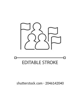 Social Studies Linear Icon. Group Of People, Flags. Humanities Science. Social Science Learning. Thin Line Customizable Illustration. Contour Symbol. Vector Isolated Outline Drawing. Editable Stroke