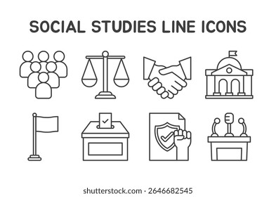 Estudos sociais definido com 8 ícones de linha editável em um estilo limpo e mínimo. Ideal para conteúdo educacional, projetos de engajamento cívico, infográficos, e-learning e materiais relacionados ao governo.