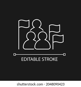 Social studies white linear icon for dark theme. Group of people, flags. Humanities science. Thin line customizable illustration. Isolated vector contour symbol for night mode. Editable stroke