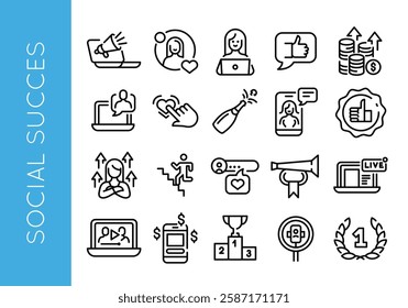 Social success icons. Set of 20 success trendy minimal icons. Income growth, Climbing stairs, Thumbs up badge icons. Design signs for web page, mobile app, packaging design. Vector illustration