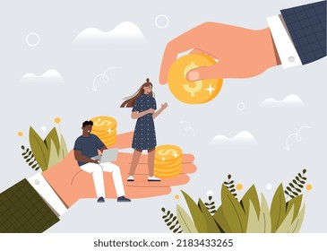 Social support concept. Big hands hold young family and give them coins. Metaphor of financial assistance from state. Inequality and economics. Charity and donation. Cartoon flat vector illustration