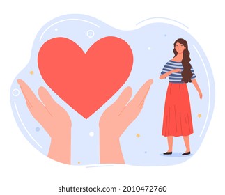 Social support concept. Charity and volunteering activity. Big hands hold the heart. Helping people in need. Support, compassion and generosity. Cartoon flat vector illustration on a white background