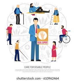 Social support for disabled people composition with elderly persons homeless invalids around man with placard vector illustration