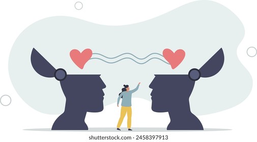social support or emotional intelligence.people head with heart sharing feeling with empathy.flat vector illustration.
