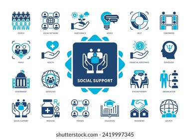 Social Support icon set. Nurturance, Social Network, Government, Financial Assistance, Psychotherapy, Coworkers, Society, Family. Duotone color solid icons