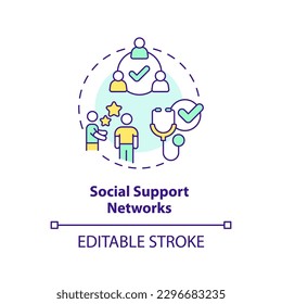 Social support networks concept icon. Promote good health and prevent illness. Public determinant of health abstract idea thin line illustration. Isolated outline drawing. Editable stroke