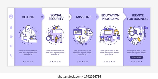 Social support onboarding vector template. Education exchange. Business service. International charity. Responsive mobile website with icons. Webpage walkthrough step screens. RGB color concept