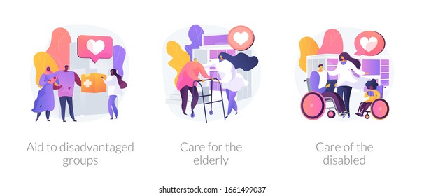 Social support for people in need metaphors. Aid to disadvantaged groups, care for elderly, help for disabled. Non profit, voluntary services abstract concept vector illustration set.