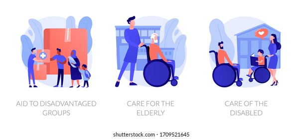 Social support for people in need metaphors. Aid to disadvantaged groups, care for elderly, help for disabled. Non profit, voluntary services abstract concept vector illustration set.