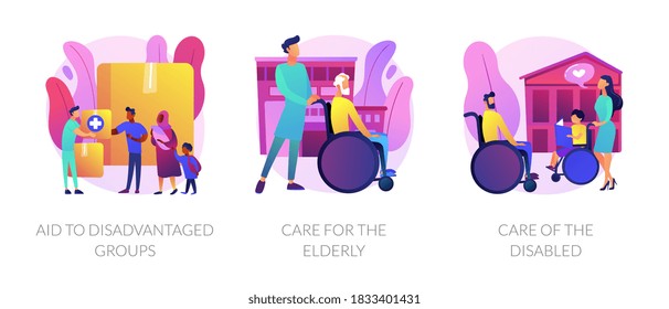 Social support for people in need metaphors. Aid to disadvantaged groups, care for elderly, help for disabled. Non profit, voluntary services abstract concept vector illustration set.