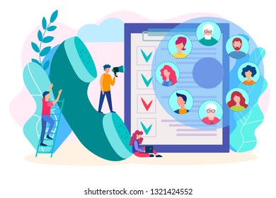 Social survay concept, recruiting, recruitment, teamwork and social support. Questioning among the population. Vector illustration.