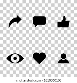 Social symbol for web, thumbs up, comment, share, person, hearth, view graphic. Icon set, collection concept
