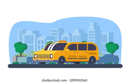 Social taxi cab with city background. Taxi service for people with disabilities. Car for transportation passangers.