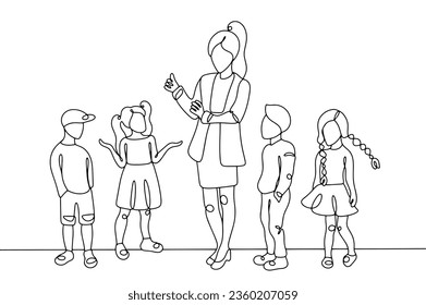 Social teacher surrounded by children. International Day of Social Educators. One line drawing for different uses. Vector illustration.