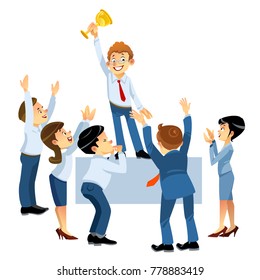 Social teamwork concept. Business crowd applauding supporting and praising man. Concepts for business research, strategic management, finance, team triumph. Vector illustration.