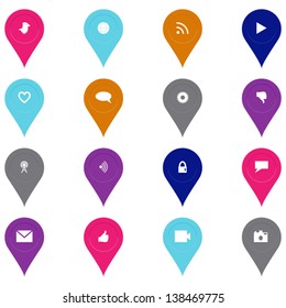 Social technology and media icon set based on networking symbols in bright colors in a pinpoint shape
