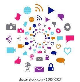 Social technology and media motion circle in bright colors filled with icons associated with social media and networking creating a visual effect