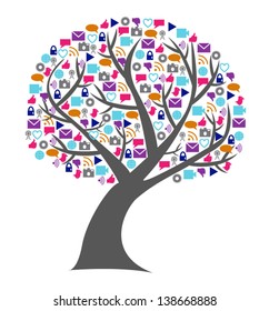 Social technology and media tree with the leafs replaced by small networking icons in bright colors