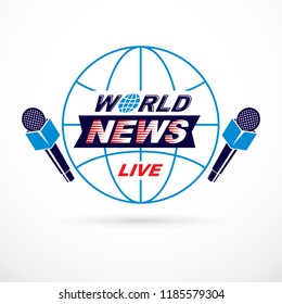 Social telecommunication theme vector emblem created with blue Earth planet illustration divided with meridians, with microphones and world live news inscription. Press conference.