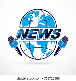 Social telecommunication theme vector emblem created with blue Earth planet illustration divided with meridians, with microphones and news inscription. Press conference.