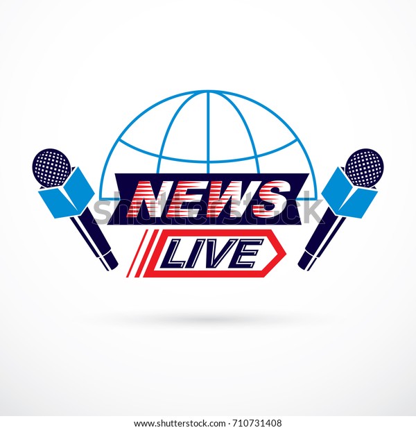 Social
telecommunication theme vector emblem created with blue Earth
planet illustration divided with meridians, with microphones and
live news inscription. Press
conference.