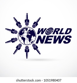 Social telecommunication theme vector logo created with Earth planet illustration surrounded with microphones and composed using world news inscription. Press conference concept.