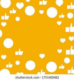 Social template mockup, float communication symbols, cartoon face smile and like. Influencer banner smm with place for text. Vector illustration