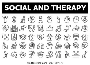 Social And Therapy Icon Set With 50 Outline Icons.