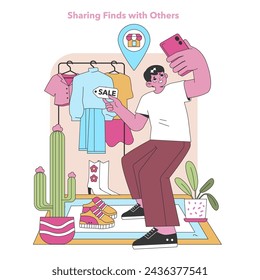 Social thrifting scene. An individual shares a photo of their latest secondhand clothing haul online, spreading the joy and value of sustainable finds. Community engagement. Vector illustration.