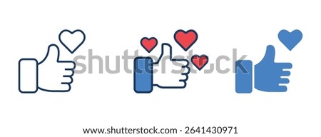 Social thumbs up icons, like, heart, support, flat, line, and filled vector set