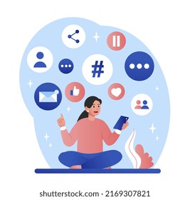 Social tree concept. Girl checks her messages in various social networks and instant messengers. Dependence on gadgets, communication on Internet, digital world. Cartoon flat vector illustration