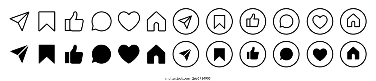 Social UI Icons Set - Senden, Lesezeichen, Gefällt mir, Chat, Herz, Home