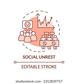 Social unrest red concept icon. Economic inequality. Civil disobedience. Political corruption. Global crisis. Wealth gap abstract idea thin line illustration. Isolated outline drawing. Editable stroke