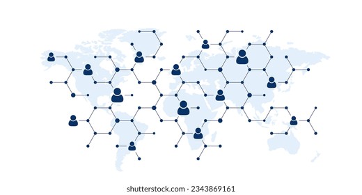 Social user network, people network illustration. Dots connected lines create network with world map background