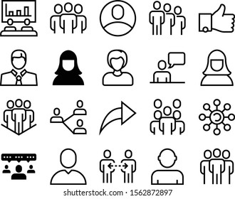 social vector icon set such as: document, forum, seminar, idea, finger, service, presentation, join, publish, approve, unity, shape, figure, friendship, single, discussion, board, thumb, support
