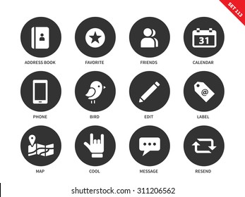 Social vector icons set. Social network concept, items for web pages and adds, friends, phone, calendar, edit, label, map, message, bird. Isolated on white background