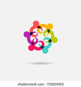 Social vector logo icon design of people in circle holding hands of each other, children, friendship, community.  Also represents office, teamwork & team, kids playing and having fun