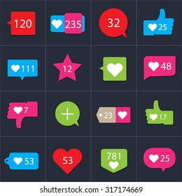 Social Vector pictograms Counter Notification Icons collection on ribbons and labels.