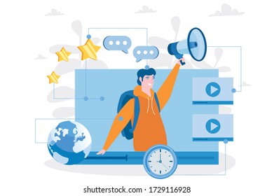 Social Video marketing, Man holding megaphone. Vector illustration for web banner, infographics, mobile. , online advertisement, internet promotion, 