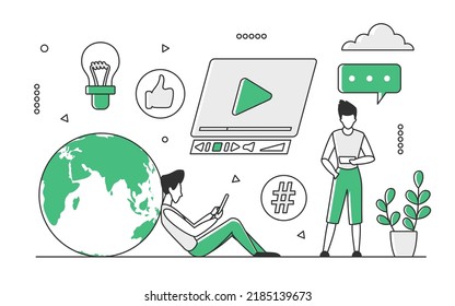 Social video media content accessing. Global digital communication network vector monocolor illustration