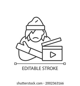 Social videos linear icon. Cinematography for public awareness campaign. Documentary on poverty. Thin line customizable illustration. Contour symbol. Vector isolated outline drawing. Editable stroke