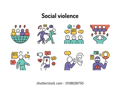 Social violence color line icons set. Harassment, social abuse and bullying. Signs for web page, mobile app, button, logo. Editable stroke.