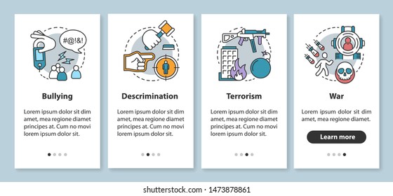 Social violence onboarding mobile app page screen with linear concepts. Bullying, discrimination, terrorism, war walkthrough steps, instructions. Social issues. UX, UI, GUI vector template with icons