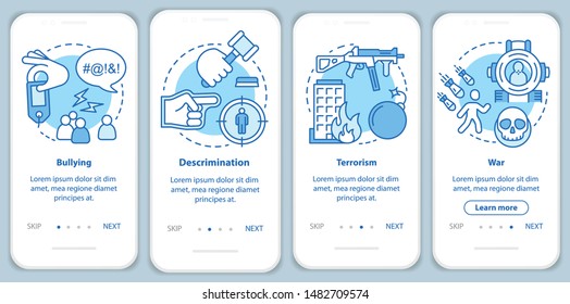 Social violence onboarding mobile app page screen with linear concepts. Bullying, discrimination, terrorism, war walkthrough steps, instructions. Social issues. UX, UI, GUI vector template with icons