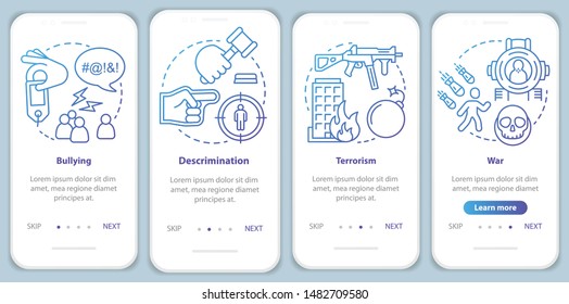 Social violence onboarding mobile app page screen with linear concepts. Bullying, discrimination, terrorism, war walkthrough steps, instructions. Social issues. UX, UI, GUI vector template with icons