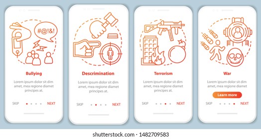 Social violence onboarding mobile app page screen with linear concepts. Bullying, discrimination, terrorism, war walkthrough steps, instructions. Social issues. UX, UI, GUI vector template with icons