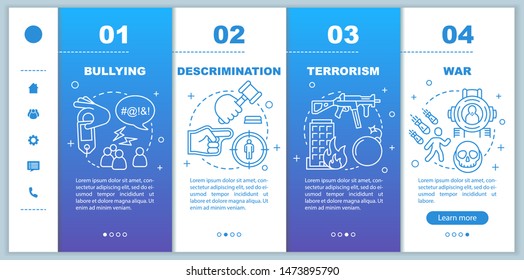 Social violence onboarding mobile web pages vector template. Bullying, discrimination, terrorism, war. Responsive smartphone website interface idea. Webpage walkthrough step screens. Color concept