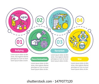 Social violence vector infographic template. Bullying, discrimination, terrorism, war. Data visualization with four steps and options. Process timeline chart. Workflow layout with linear icons
