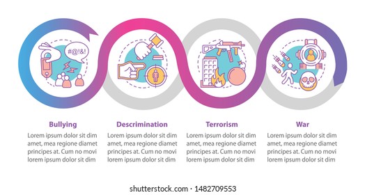 Social violence vector infographic template. Bullying, discrimination, terrorism, war. Data visualization with four steps and options. Process timeline chart. Workflow layout with linear icons